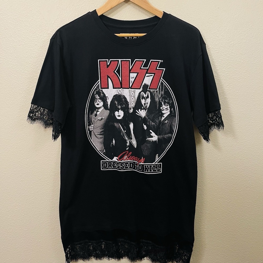 Women's KISS Rock Band Shirt Lace Trim Long Line Festival Grunge Goth Size M